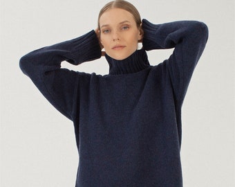 Blauer Stehkragen Oversize Wollpullover, Super weicher Wollpullover, Blaues Grobstrick Wolltop, Warmer Strick Merino Kaschmir Wolle Pullover BIANKA
