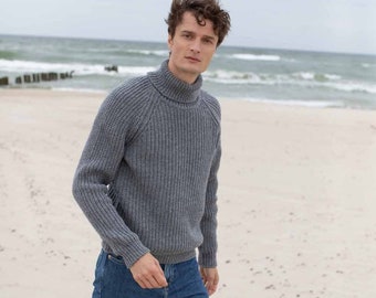 Simple gray pullover sweater men, Merino wool turtleneck, Warm winter knitted sweater, Hand knit soft wool scandinaviand men jumper LAND