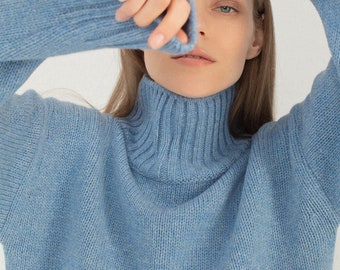 Boyfriend Turtleneck women top, relaxed fit turtleneck women sweater, Chunky knit Simple light blue natural wool high neck jumper BIANKA