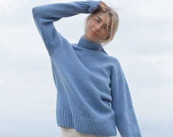 Eco merino cashmere yarns turtleneck, Knitted woolen women jumper, Loose fit women sweater, Simple blue natural wool high neck jumper BIANKA