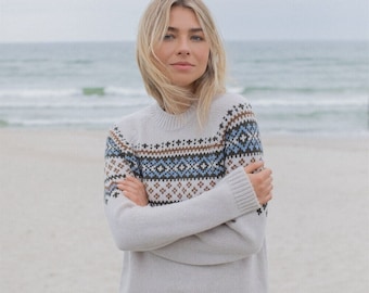 Nordic Fair Isle Sweater for Women – Cozy Knit Pullover, Scandinavian Wool Blend Jumper / ICE