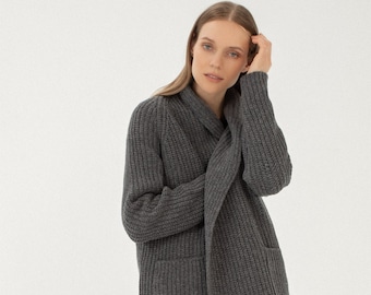 Cardigan doux en laine mérinos bio avec poches, veste longue en laine et cachemire pour femme, RIVER / gris foncé