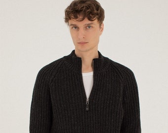 Classic merino wool men pullover, Knitted stylish woolen jumper with zip, Soft wool elegant man sweater, Hand knit cosy pullover ROCK