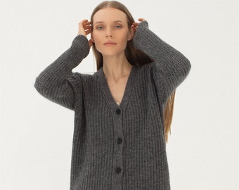 Hygge Women jumper with buttons, Pure wool soft sweater, Women hand knit woolen cardigan, Elegant warm cosy cardigan HARMONY