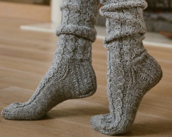 Woman's high knee wool boots socks, Vintage natural wool long socks in grey, Hand knitted woolen thight high socks