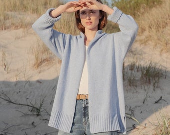 Sky Blue Knit Cardigan, Women's Plus Size Minimalist Sweater, Casual Merino Cashmere Cardigan, Soft Supreme Wool Knitted Cardigan / MICHELLE