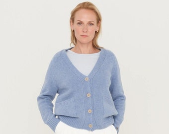 Sky blue supreme wool sweater, Womans merino buttoned jumper, Vintage blue sweater, Hand knit cashmere wool cardigan NORDI / sky blue