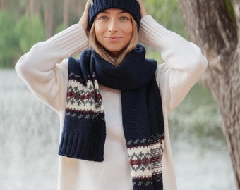 Long Nordic Wool Scarf, Wide hand knit soft warm scarf, Scandinavian style scarf, Unisex wool scarf, Long nordic scarf with tassels