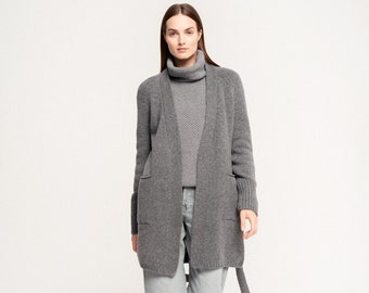 Women's Plus Size Open Front Cardigan with Pockets, Hand Knitted Long Cashmere Wool Cardigan, Minimalist Style Sweater / LIEPA