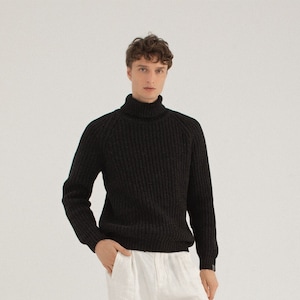 Black pullover sweater men, Warm merino wool turtleneck, Warm autumn knitted sweater, Hand knit soft wool scandinaviand men jumper LAND