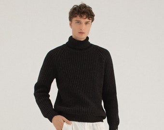 Pull noir pour hommes, col roulé chaud en laine mérinos, pull chaud en tricot d'automne, pull scandinave pour hommes en laine douce tricoté à la main LAND