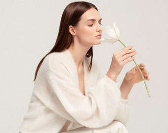 White Wedding Bolero Shrug, Bridal Cover Up, Hand Knitted Soft Superkid Mohair Shrug, Wedding Mohair Knitted Shrug / DANIELLA