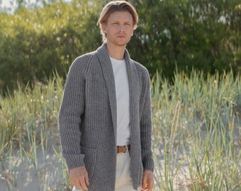 Weiche Merino Wolle Herren Strickjacke, Handgestrickter Wollpullover, Offene Front Strickjacke für Herren in Hell Melange BENJAMIN