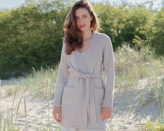 Belted Womens Sweater Coat, Chunky Knit Wrap Cardigan, Hand Knit Wrap Cardigan for Women / LIEPA