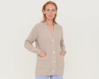 Merino cashmere wool jacket, Women Cardigan with buttons, Organic woolen merino cardigan, Long knitted jacket FAMO / silver