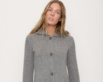 Honeycomb Sleeve Women's Merino Cardigan with Hood in Grey, Knitted Women's Woolen Cardigan, Organic Wool Sweater AMELIA