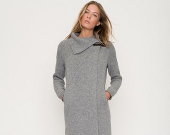 Warm Hygge Wool Coat, Chunky Gray Long Women's Wool Coat With The Clasp on The Shoulder STORM