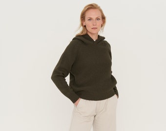 Women's Loose Fit Sweater, Knitted Merino Cashmere Jumper, Warm Wool Pullover, Minimalist Hand Knit Hoodie AMI