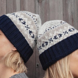 May include: Two people wearing matching knit hats with a white and brown geometric pattern and a navy blue brim. The hats are worn on their heads and the people are facing away from the camera.