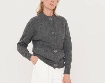 Merino wool jumper, Knitted cashmere buttoned sweater, Grey women's sweater with pockets, Vintage hand knit jumper OLIVIA / grey