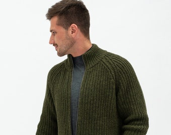 Warm Merino Wool Jumper, Men's Sweater with Zip, Minimalist Khaki Cardigan for Man HILLA / khaki