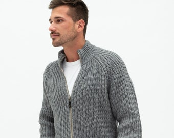 Pull en laine mérinos minimaliste, pull zippé tricoté, pull gris pour homme, pull mérinos chaud HILLA