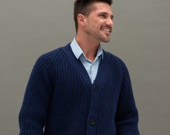 Knitted Vintage Style Merino Sweater, Man's Jumper with Buttons, Woolen Sweater for Men GILA / dark blue