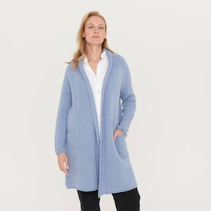 Long knitted merino wool sweater, Women&#39;s cashmere coat, Hand knit cardigan with pockets, Wool house cardigan SILVAN / sky blue