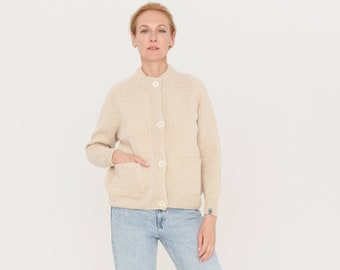 Vintage style knitted sweater, Beige women's wool top, Buttoned cashmere jumper, Merino wool hand knit woolen cardigan OLIVIA / sand