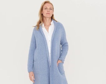 Long knitted merino wool sweater, Women's cashmere coat, Hand knit cardigan with pockets, Wool house cardigan SILVAN / sky blue