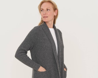 Hand knitted cashmere cardigan, Natural merino wool jacket, Women's long coat with pockets, Warm woolen coat OREGON / dark grey