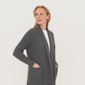 Hand knitted cashmere cardigan, Natural merino wool jacket, Women's long coat with pockets, Warm woolen coat OREGON / dark grey dark grey