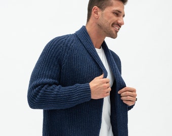 Cardigan pour homme en laine tricotée bleue, Cardigan pour homme en laine mérinos douce, Cardigan ouvert sur le devant avec poches pour homme BENJAMIN