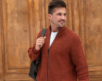 Terracotta Zipped Merino Wool Men Jumper, Knitted Woolen Zipped Men Sweater, Scandinavian Sweater for Men HILLA / terracotta