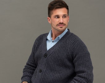 Buttoned Woolen Sweater for Man, Natural Merino Sweater, Men's Knitted Jumper GILA / graphite
