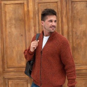 Terracotta Zipped Merino Wool Men Jumper, Knitted Woolen Zipped Men Sweater, Scandinavian Sweater for Men HILLA / terracotta
