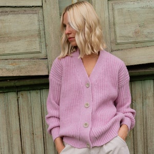 Pink Vintage Merino and Cashmere Wool Sweater, Women's Knitted Jumper with Buttons ROSSO / peony