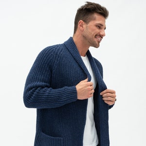 Blue Knitted Woolen Men's Cardigan, Soft Merino Wool Men's Cardigan, Open Front Cardigan with Pockets for Man BENJAMIN