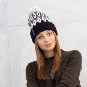 Knitted Pom Pom Merino Hat, Unisex Winter Ski Bobble Cap, Natural Alpaca Wool Hat, Scandi Style Cap, Hand Knit Vintage Beanie