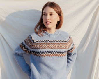 Blue Knitted Sweater with Icelandic Motifs, Vintage Style Jumper, Colorful faire isle sweater, Rustic Winter Gift Idea / JURGA