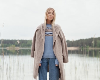 Long Cashmere Merino Cardigan with Hood, Long Knit Jacket with Pockets / IEVA