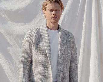 Cardigan long pour homme en laine mérinos, veste en laine tricotée à la main élégante, cardigan ouvert sur le devant pour homme, pull cadeau pour papa / BENJAMIN