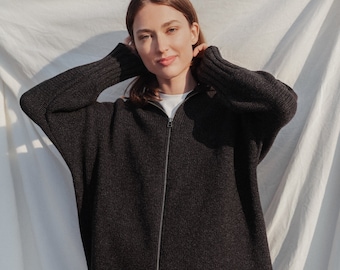 Plus Size Womens Poncho, Black Minimalist Knit Jumper, Oversized Jumper with Hood, Knitted Wool Poncho, Zipped Knit Cardigan / INDIANA