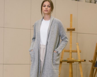Knitted Merino and Cashmere Wool Cardigan, Women's Woolen Sweater with Pockets SILVAN / light grey