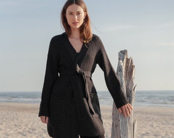 Black Wrap Cardigan, Belted Women's Sweater Coat, Hand Knit Wrap Cardigan for Women / LIEPA