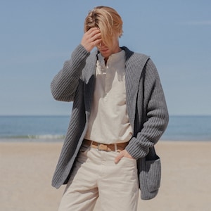 Open Front Cardigan for Man, Soft Merino Wool Men&#39;s Cardigan, Hand Knitted Woolen Sweater, Wool Cardigan for Man in Light Melange DANTE
