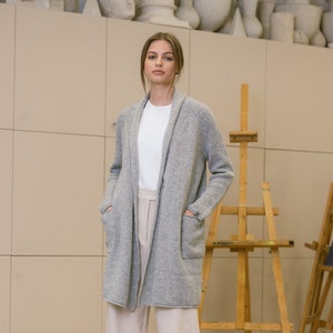 Elegant wool cardigan, Long women&#39;s coat, Knitted merino cashmere jacket, Warm natural wool oversized sweater SILVAN / black