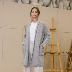 Knitted Merino and Cashmere Wool Cardigan, Women's Woolen Sweater with Pockets SILVAN / light grey