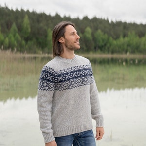 Merino Wolle Pullover für Männer mit Ornamenten, Wolltop für Männer im skandinavischen Stil / EDWARD