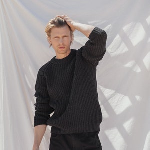 Classic Men Pullover Sweater, Black Wool Sweater Crew Neck for Men, Scandinavian Style Winter Jumper, Merino Wool Pullover / TORO